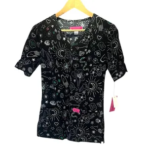 New Betsey Johnson Scrubs Top Medical Dental Fate and Fortune Canola Size XS NWT thumbnail 1