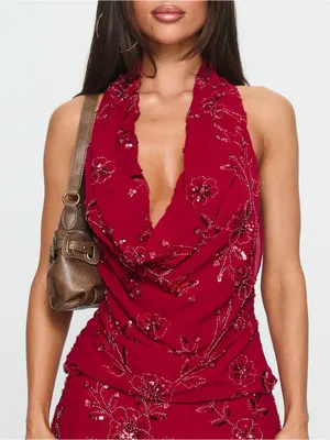 Princess Polly Twilight Zone Beaded Cowl Neck Top Red 0 thumbnail 1