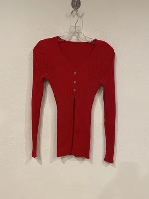 COMMENSE Cardigan Sweater Womens Small Red Ribbed V Neck Button Front Knit Top thumbnail 2