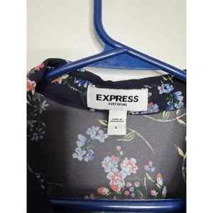 Express Portofino Shirt Womens L Navy Blue Excellent Floral Chiffon Button Down thumbnail 2