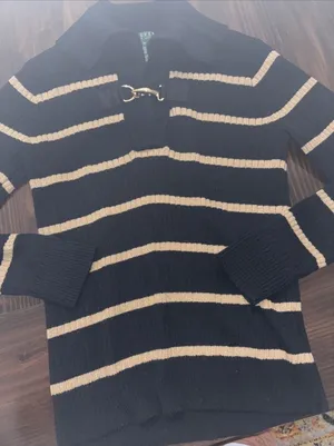 Lauren Ralph Lauren Black Gold Striped Sweater Toggle Medium Sparkle Metallic thumbnail 1