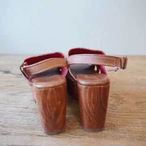 Bed Stu 6.5 Leather Platform Sandals Tan Excellent Stitch Wood Heel Boho Western thumbnail 3