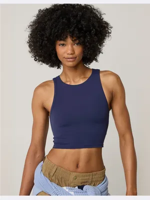 aerie Navy High-Neck Crop Sports Bra thumbnail 1