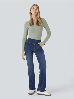 Halara Flex High Waisted Pockets Washed Casual Bootcut Jeans Size L Petite thumbnail 6