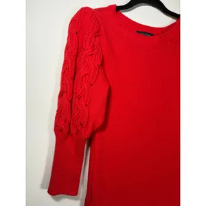 Ann Taylor Sweater Red Cable Knit Puff Sleeve Wool Blend Classic Cherry Size M thumbnail 3