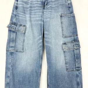 American Eagle Curvy Super High Rise Baggy Wide Leg Cargo Jeans Size 6 Light thumbnail 3