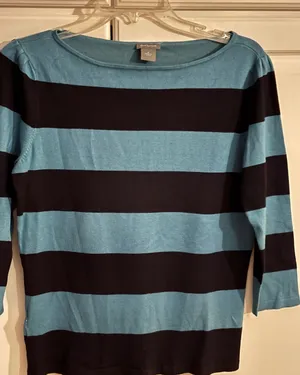 Ann Taylor‎ Silk Blend Striped Boat Neck Sweater Teal Blue Black 3/4 Sleeve Med thumbnail 1