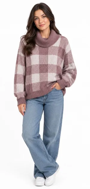 Olive & Oak Pink and Cream Checkered Turtleneck Cowl Neck Sweater NWT Size M thumbnail 1