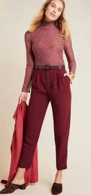 Anthropologie Sasha Button-Fly High Rise Tapered Burgundy Career Chic Trouser 2 thumbnail 1