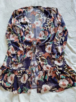 Lulus Floral Tie Front Ruffle Cardigan Top Kimono Navy L thumbnail 1