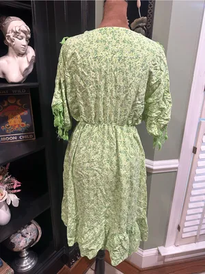 Three Stars Boho Embroidered Fringe Mini Dress – Bright Green Floral – Size S/M thumbnail 10