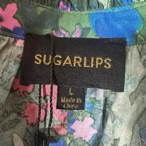 NEW Sugarlips Green Red Floral A-Line Dress Size Large Puff Sleeve V-Neck Cotton thumbnail 4
