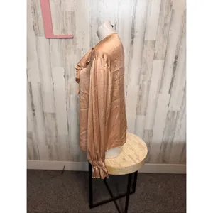 SHEIN Champagne Gold Satin Ruffle Blouse Womens Size Large L Long Balloon Sleeve thumbnail 6
