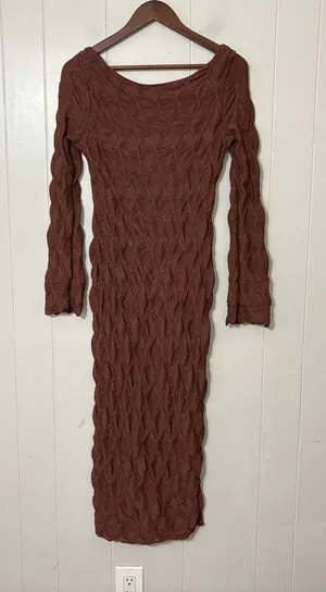 See You Monday Textured Midi Dress Brown Long Sleeve Bodycon Size L NWT thumbnail 1