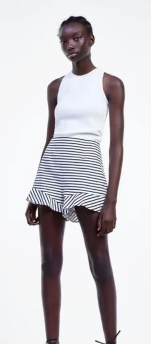 Zara Navy White Striped Ruffle Hem High Waisted Shorts Size Small‎ thumbnail 1