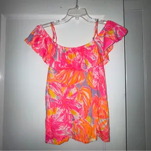 Lilly Pulitzer Pink and Orange Flutter Sleeve Ruffled Blouse thumbnail 2