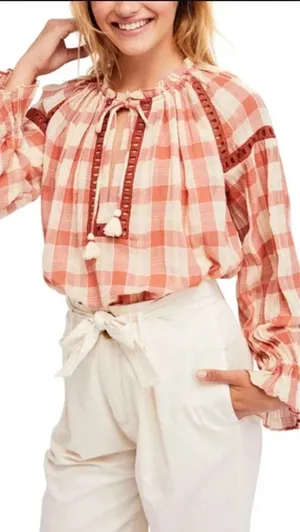 Free People Honey‎ Grove Top Pink Cream Plaid Check Size XS thumbnail 1