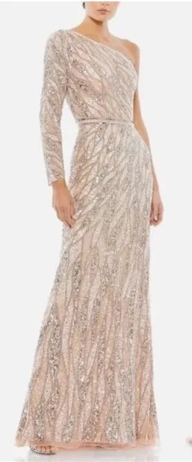 MAC DUGGAL 4982 EMBELLISHED ONE SLEEVE W/ SEQUIN BELT ROSE GOLD GOWN sz 8 thumbnail 1