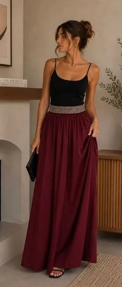 Zara Basic Burgundy Beaded Waist Maxi‎ Skirt Size S Burgundy Wine Red Boho thumbnail 1