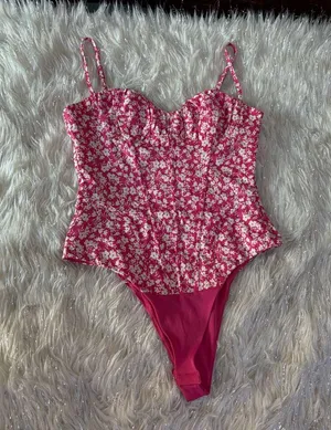 Zara Pink Floral Corset Bodysuit Side Zipper Closure Size M thumbnail 1
