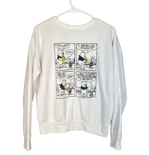 Disney White Newspaper Clipping Winnie the Pooh & Piglet Sweatshirt Women Sz S thumbnail 1