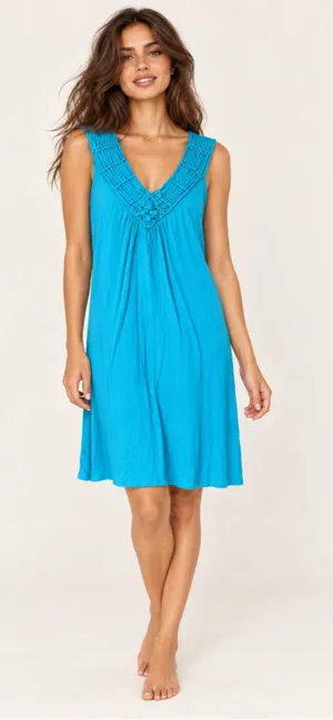 Spense Knee Length Swing Dress Turquoise Macramed Neckline Boho Resort Coastal thumbnail 1