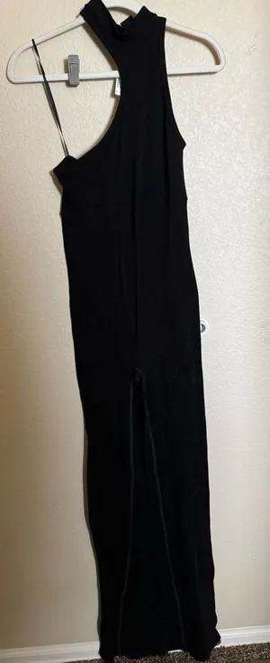 Urban Outfitters Asymmetrical Halter Neck Ribbed Flare Jumpsuit Sz L NEW black‎ thumbnail 1