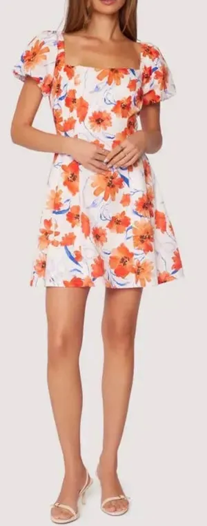 Lost + Wander Poppy Blooms Mini Dress Puff Sleeve White Orange Blue Women Large thumbnail 1
