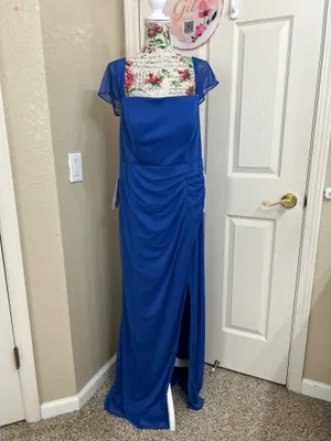NWT Azazie Royal Blue Chiffon Maxi Dress Size A16 Evening Gown Slit thumbnail 2