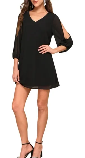 Lulus Shifting Dears Black Long Sleeve V-Neck Dress sz XLarge LBD Cocktail Party thumbnail 1