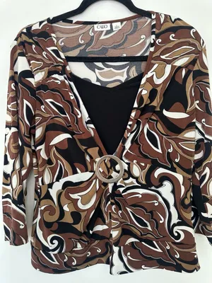 Cato Top Size L Brown White Black Retro Swirl O-Ring V-Neck 3/4 Sleeve thumbnail 2