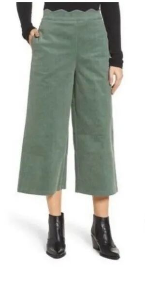 BP Nordstrom XS Green Scallop Waist Wide Leg Corduroy Crop Pants Cords Pant v6x thumbnail 1