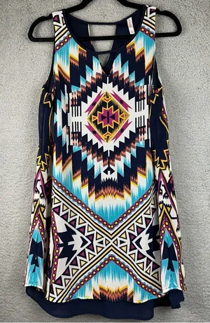 xhilaration Dress Womens Large Blue Multicolor Aztec Tribal Western Whimsical thumbnail 1