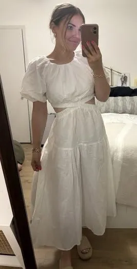 EXLBES Puff Sleeve Cut Out Back Maxi Dress White Size Small Coastal 100% Cotton thumbnail 1