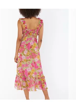 Show Me Your MuMu Pink, Yellow & Green Floral Ruffle Midi Dress thumbnail 11