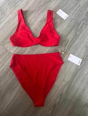 New Quince Italian High-Rise Bikini Bottom & Plunge Top in RED - Large MSRP $50 thumbnail 1