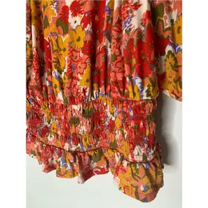 LOFT Red Multi Floral Cotton Puff Sleeve Smocked Waist Blouse S Spring thumbnail 3