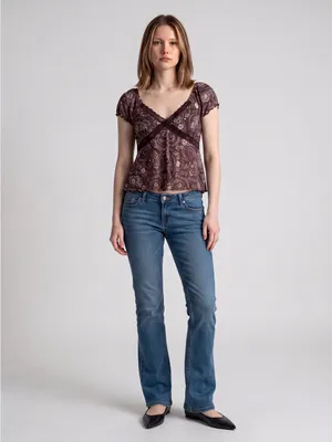 La Pêche Y2K Floral Lace Trim mesh Blouse poof Sleeve Fairy coquette cottagecore thumbnail 2