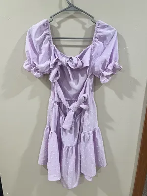 SHEIN Lilac Purple Swiss Dot Tie-Back Puff Sleeve Mini Dress Size XS thumbnail 2