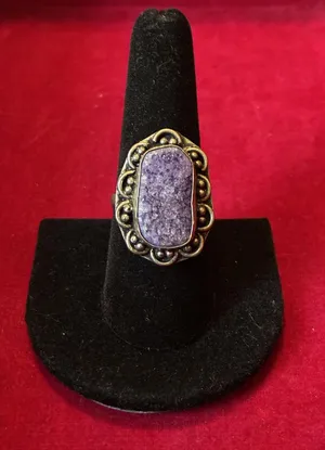 Vintage Boho Purple Purpurite Druzy Ring Antiqued Silver Tone Scalloped Border thumbnail 1