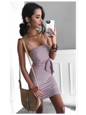 Striped Bodycon Mini Dress Spaghetti Strap Tie Waist Large NWT thumbnail 5
