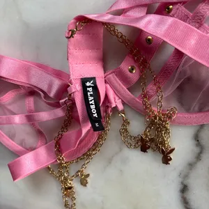 Playboy Charm Waspie 3pc Lingerie Set Pink Bra Corset Thong Gold Bunny Chains thumbnail 6
