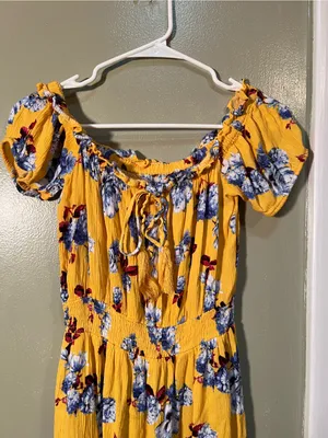 Womens Off Shoulder Mini Dress Yellow Burgundy Blue Floral Smocked Elastic Waist thumbnail 2