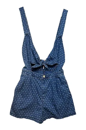 Free People Blue‎ Diamond Print Tie Front Denim Romper Sleeveless Cutout XS thumbnail 1