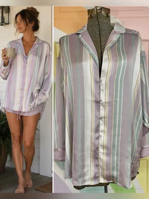 Free People Dreamy Days Satin Oversized Pastel Stripe Pajama Shirt Top XS 💛🎀 thumbnail 2