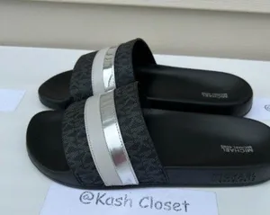 Michael Kors Black Brandy Slide Metallic Striped Sandal thumbnail 1