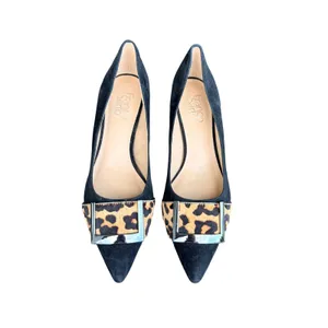 Franco Sarto Size 8 Black Suede Pumps Leopard Calf Hair Buckle Pointed Toe Heels thumbnail 2