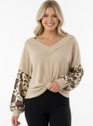 Bibi leopard print camouflage waffle knit top size large thumbnail 1