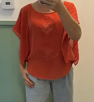 THML Anthropologie Orange Embroidered Cape Flutter Sleeve Sheer Sz M thumbnail 1