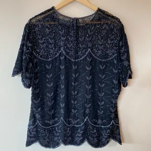 Cote d’ Azur Vintage 1980s Beaded Black Sequin Short Sleeve Blouse XL Classic thumbnail 7